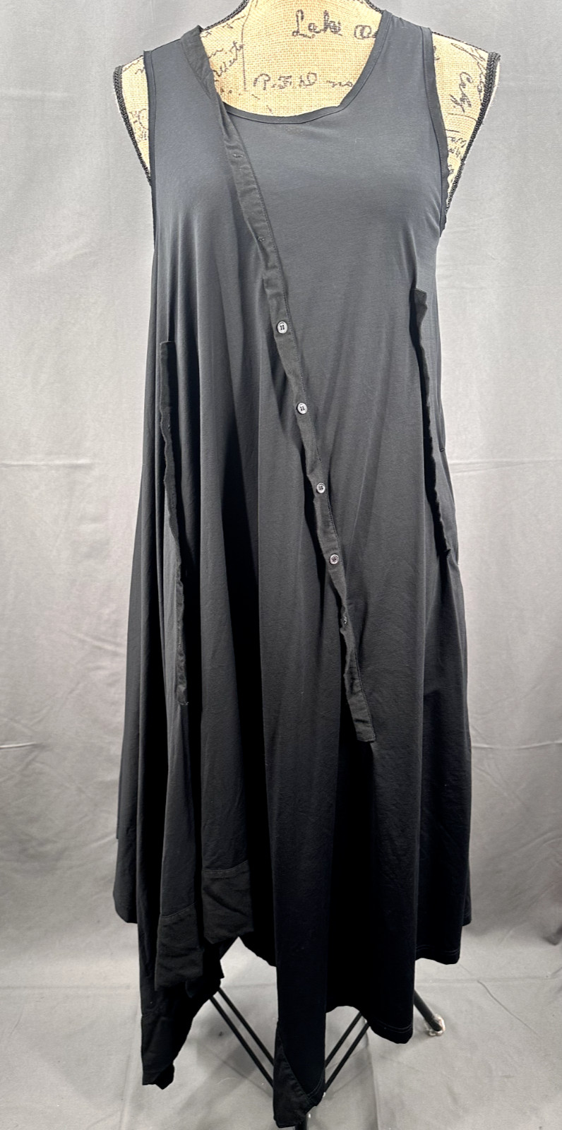 Yohji Yamamoto Dress Women 2 Black Sleeveless Asymmetrical Drape Buttons Cupro
