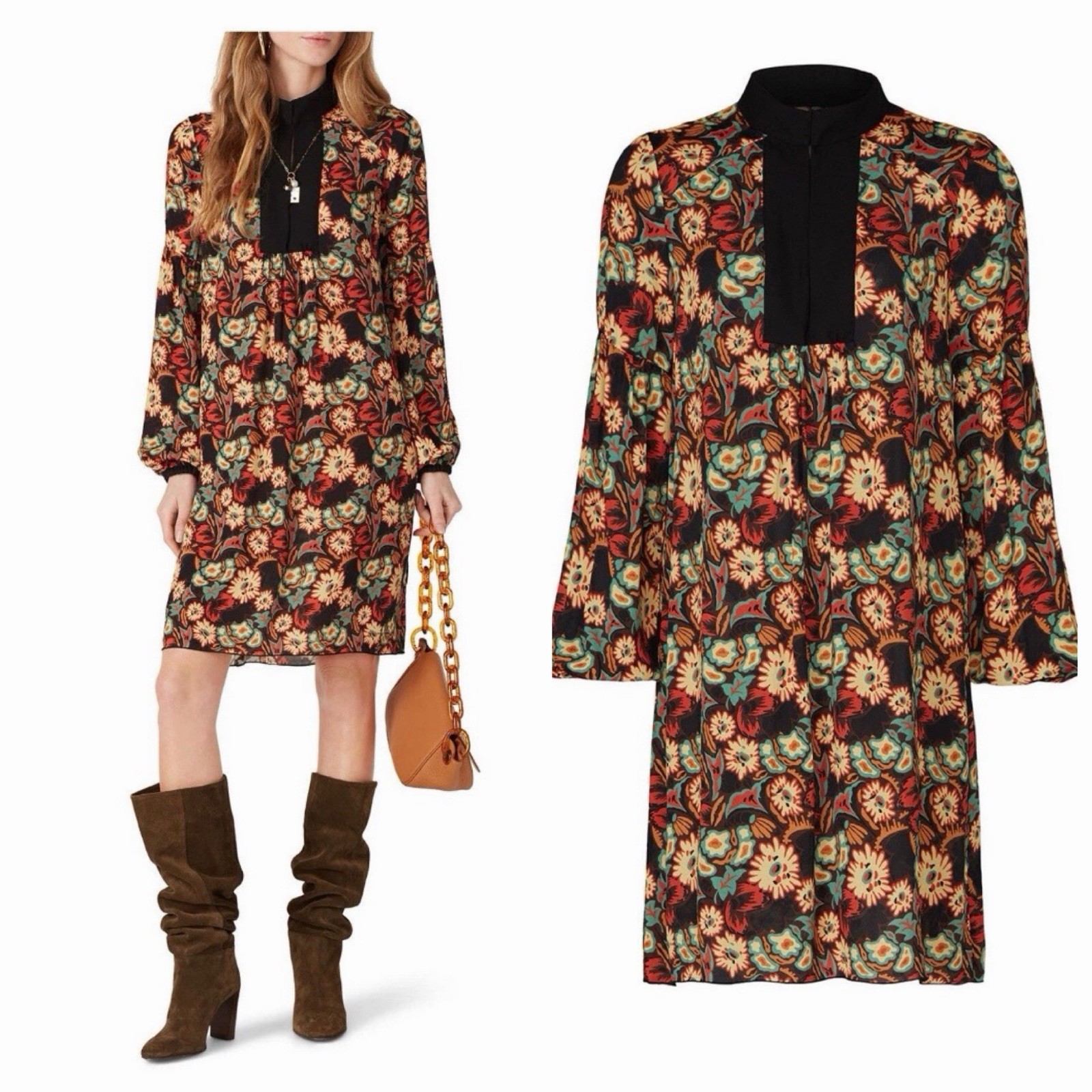 Anna Sui Larkspur Fields Floral Shift Dress Black Size 2 90s Vintage 🟡