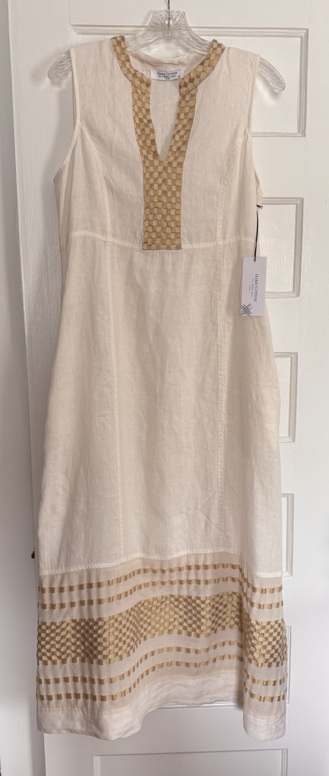Haris Cotton 100% Linen Tiered Maxi Sleeveless Dress Medium Gold Embroidered New