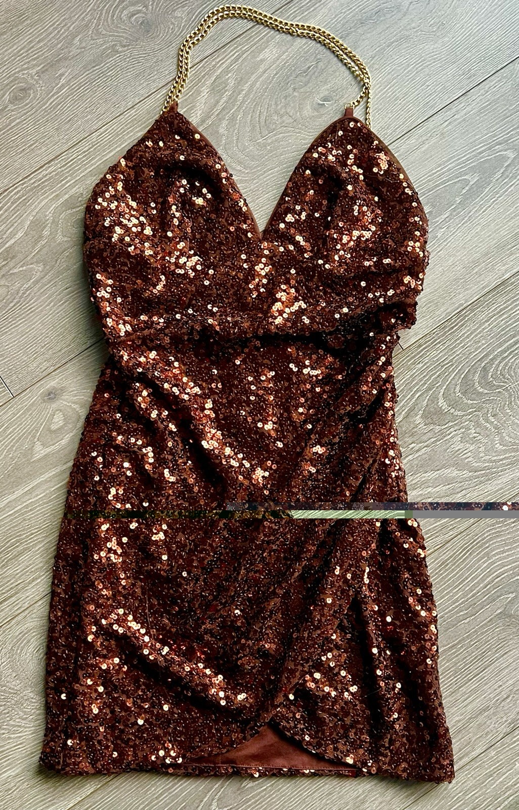 Crystal Doll Bronze Sequin Mini Dress Sz M Gold Chain Straps Ruched Party Dress