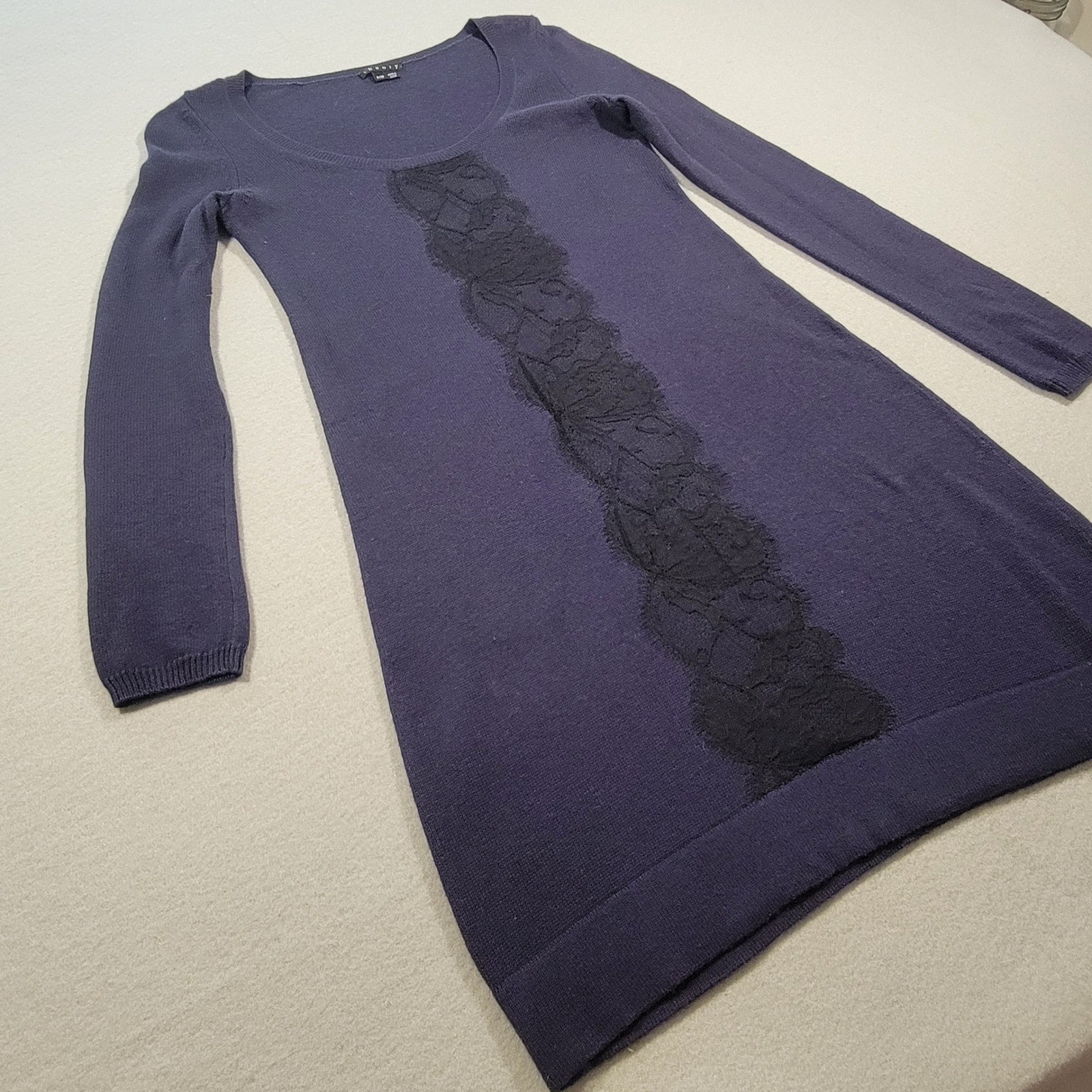 Theory Cashmere Blend Dress Blue Black Women’s Petite Long Sleeve Lace Front