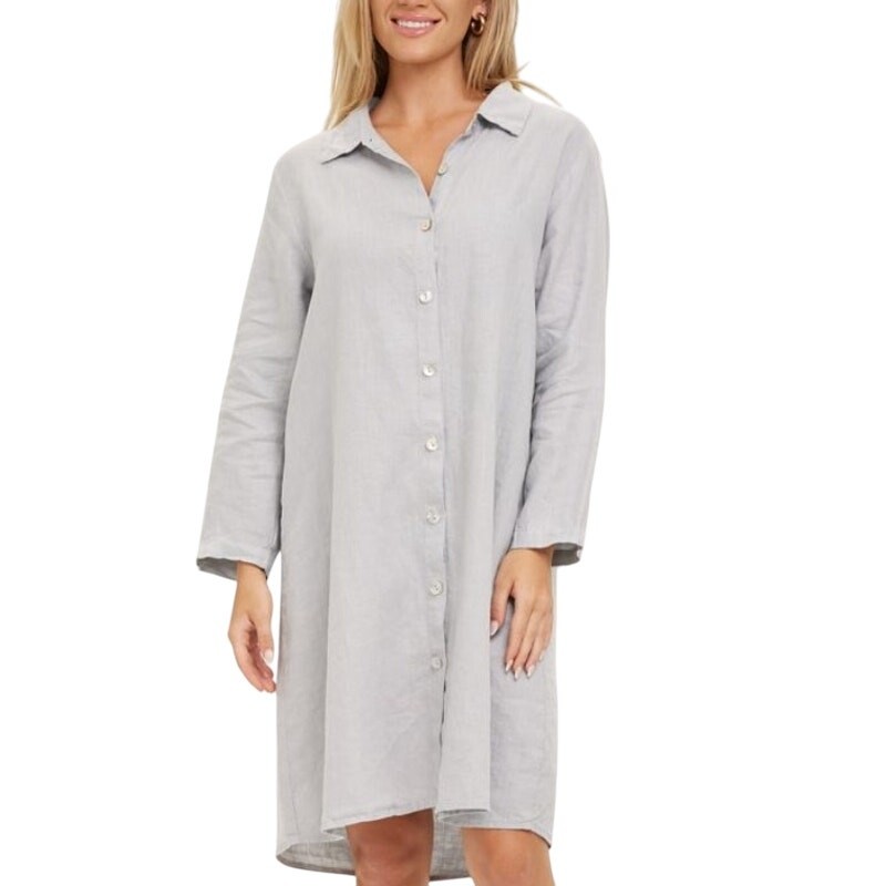 Becasa L Margo Midi Button Front Shirt Dress Gray Linen Lagenlook Coastal *flaw