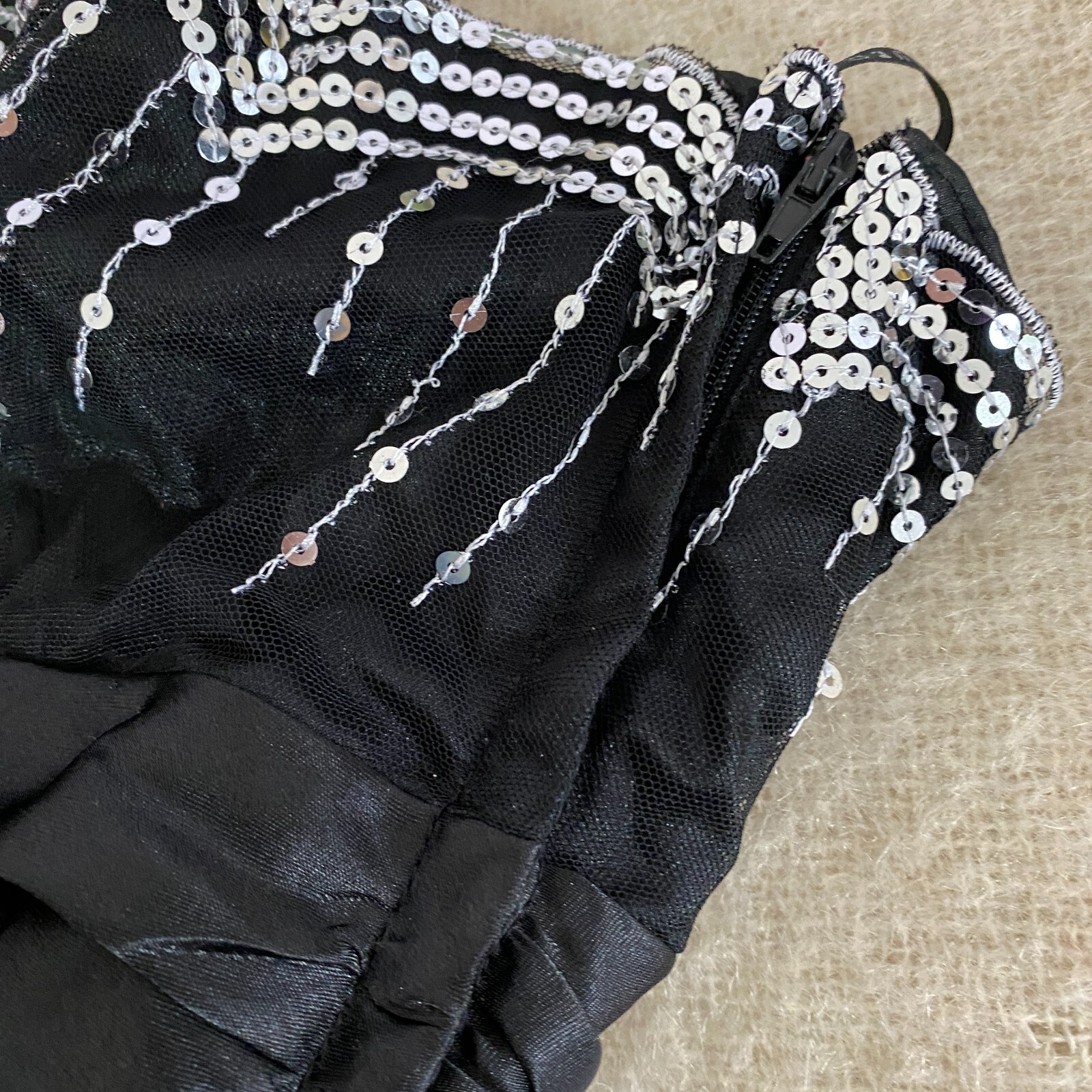 Masquerade Black Short Strapless Formal Dress Size 13/14 Silver Sequin Prom