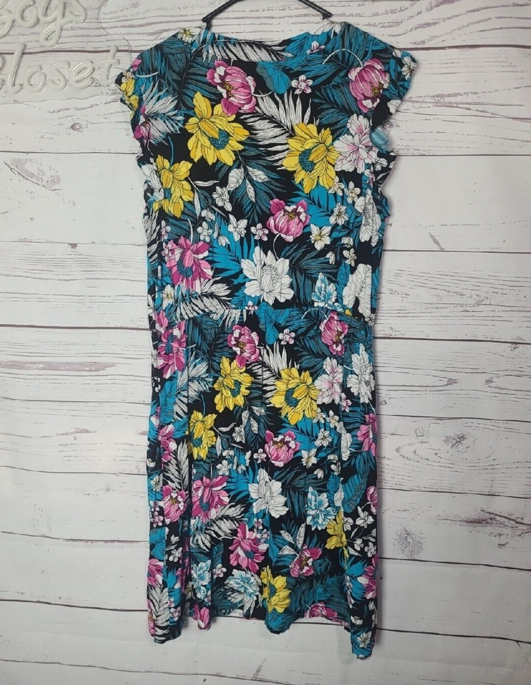 A.N.A. Bella Multicolor Tropical Print Midi Dress Cinched Waist Womans Size 14