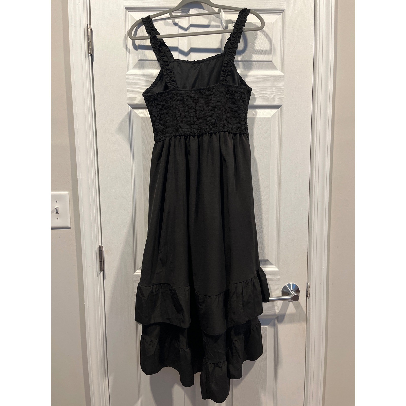Black Ruffle Tiered Midi Dress Smocked Back High Low Asymmetrical Hem Sleeveless