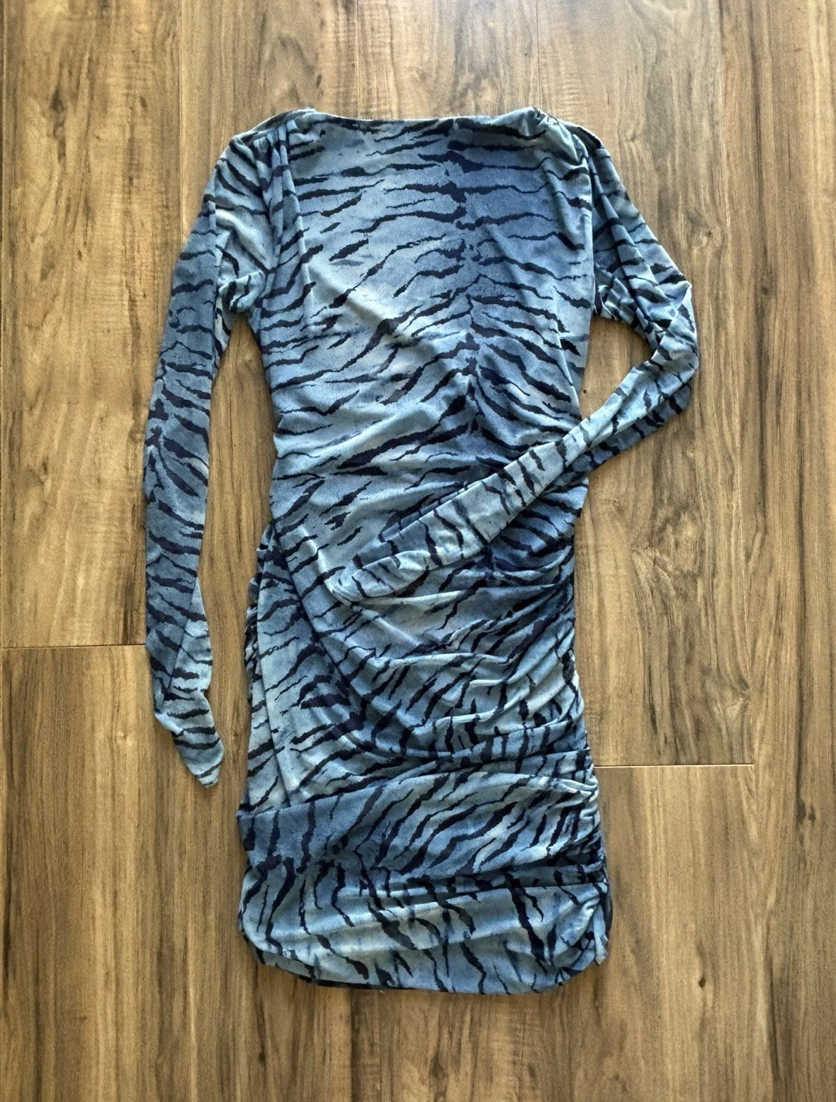 Zara Blue/Black Tiger Animal Print Ruched Mesh Open Back Bodycon Dress Size 2