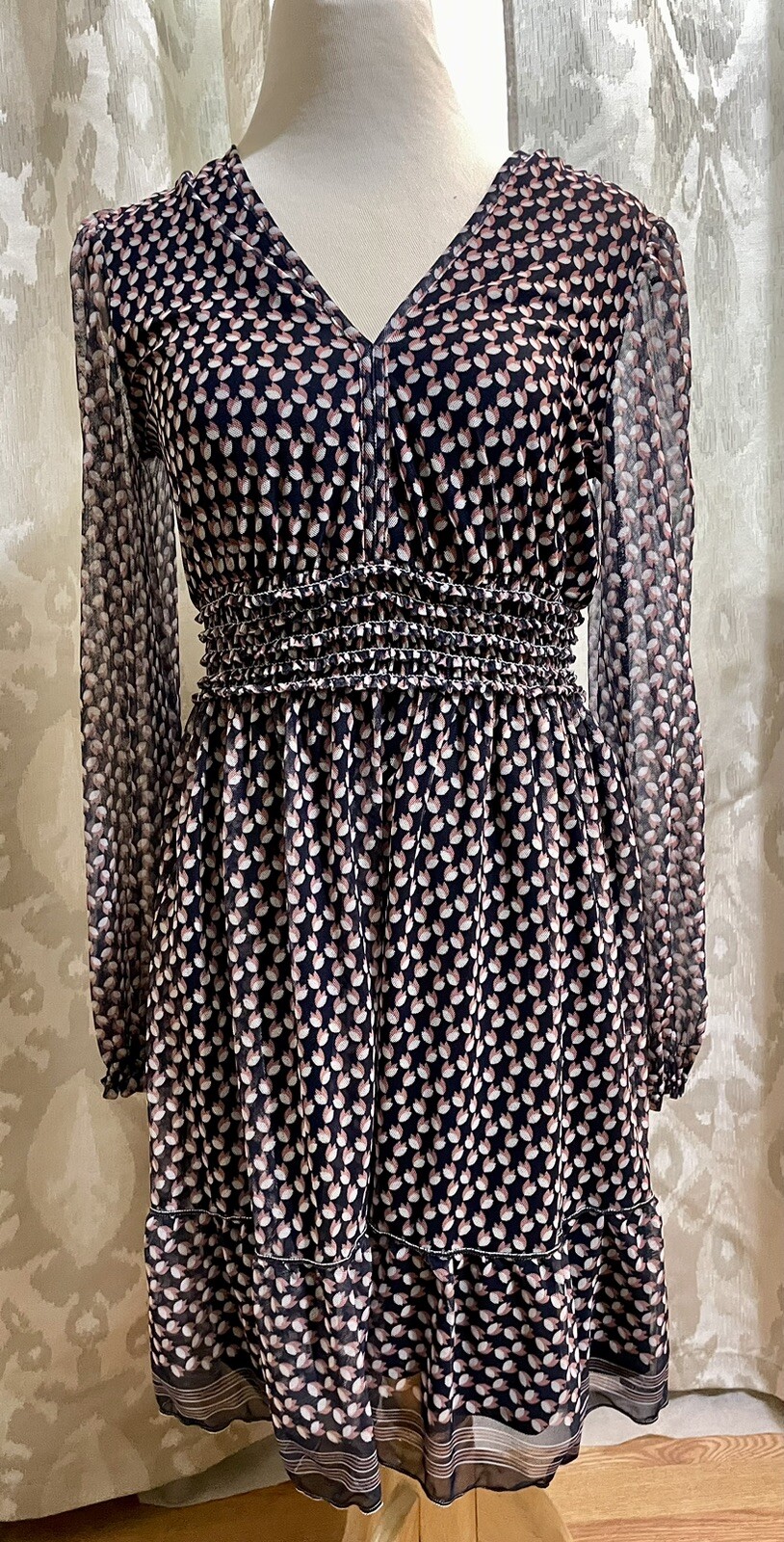 Max Studio Geometric Floral Print Navy,Pink & White Sheer Mesh Dress, size Small