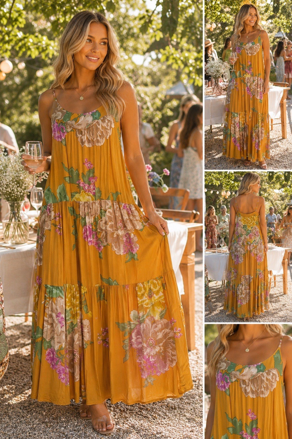 Z Supply Floral Maxi Dress S M Mustard Yellow Boho Tiered Sleeveless Cottage