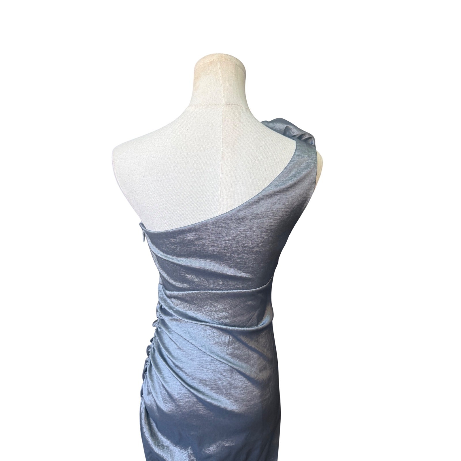 XSCAPE Long Formal One Shoulder Evening Dress Size 4 Ruffle Gunmetal Column