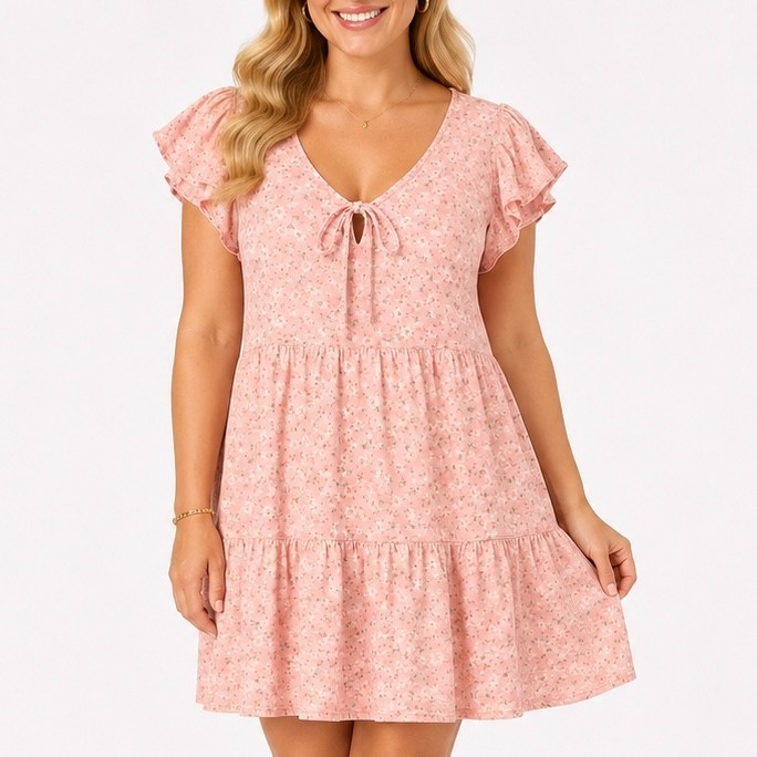 Arizona Jean Co XL Pink Ditsy Daisy Floral Boho Dress Tiered Summer Prairie Chic