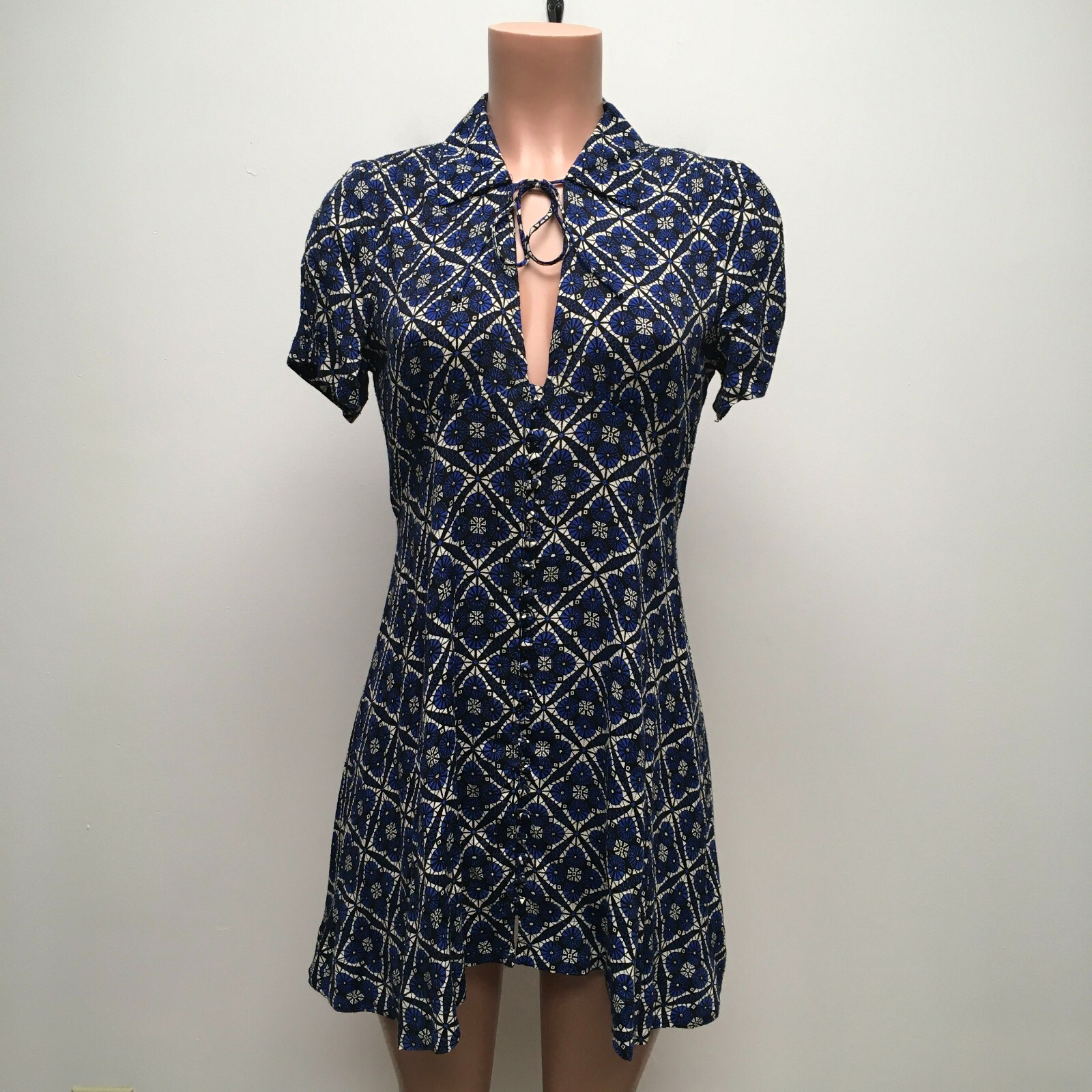 Free People Womens Black Blue Combo Melody Printed Keyhole Mini Shirt Dress 4