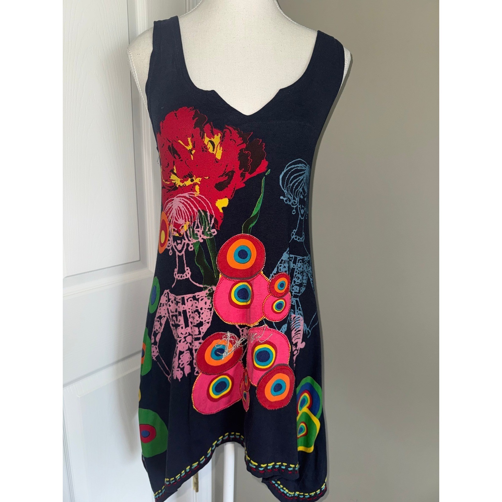 Desigual Navy Blue Graphic Print Asymmetrical Tunic Tank Dress Top Whimsigoth S