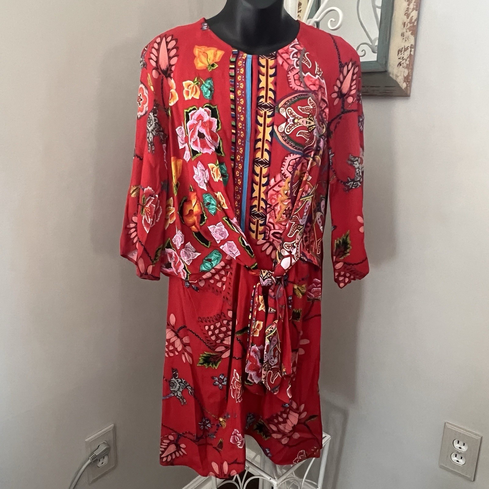 Desigual Glen Red Floral Tie Front Dress 44 12 XL Boho Festival Whimsical Aztec