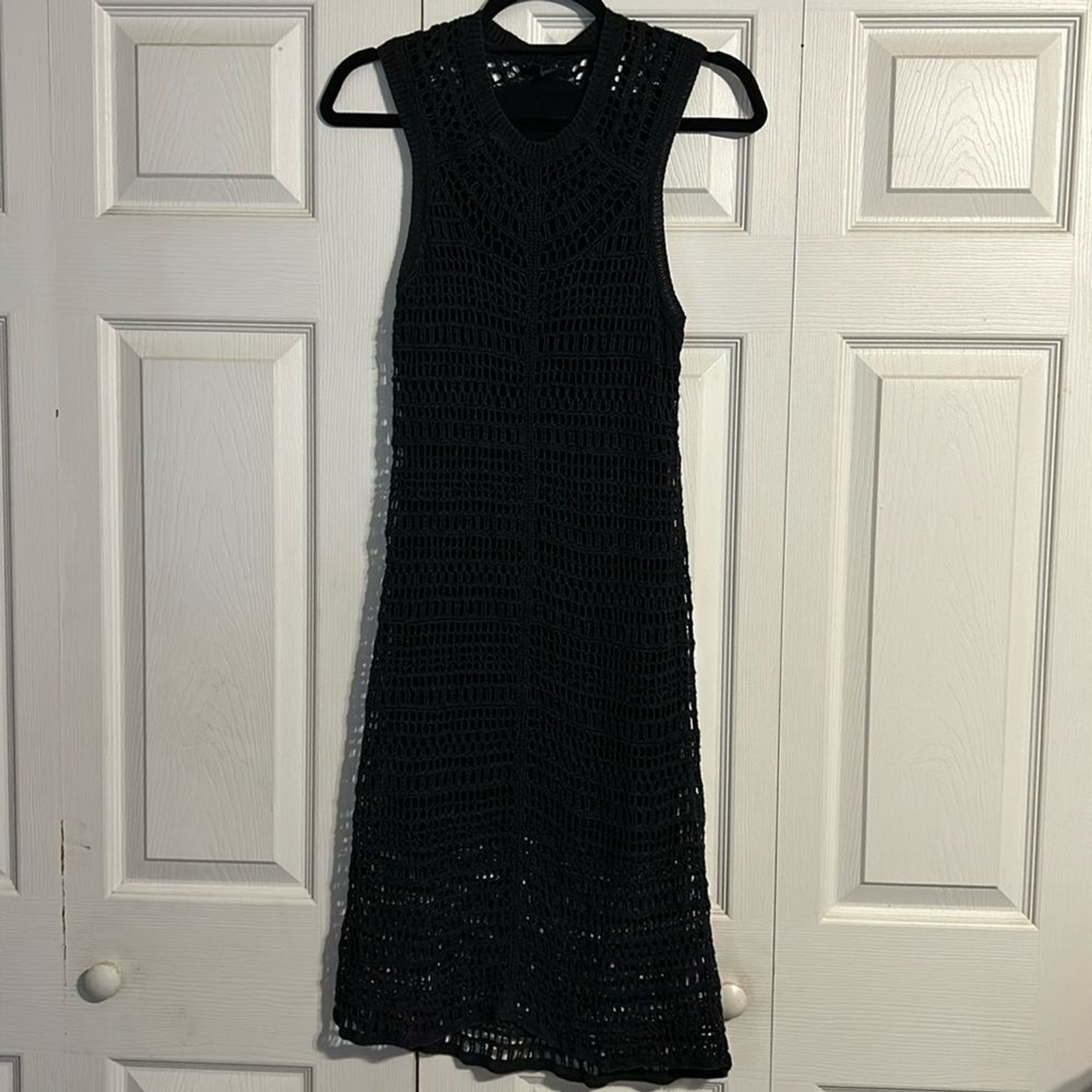 THEORY Small Black Crochet Open Knit Linen Stretch Midi Dress Lined Pullover