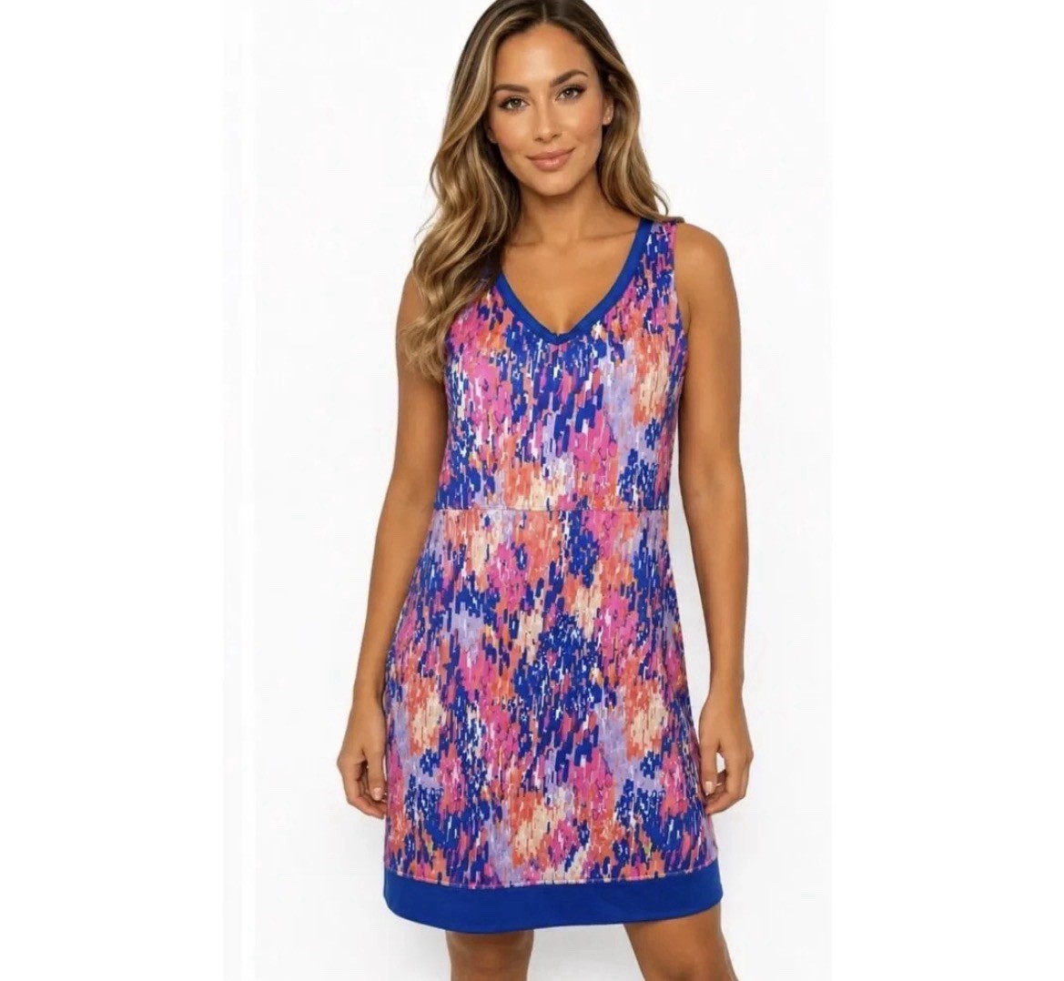 Reel Legends Abstract Print V-Neck Sleeveless Shift Dress Pockets Pink Blue L
