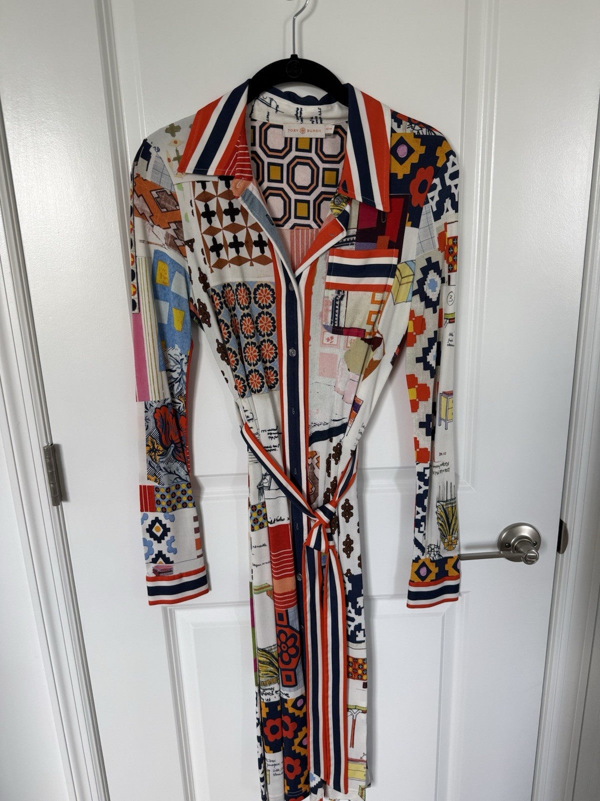 Tory Burch Crista Shirt Dress XS Multicolor Print Belted Midi Long Sleeve NWT