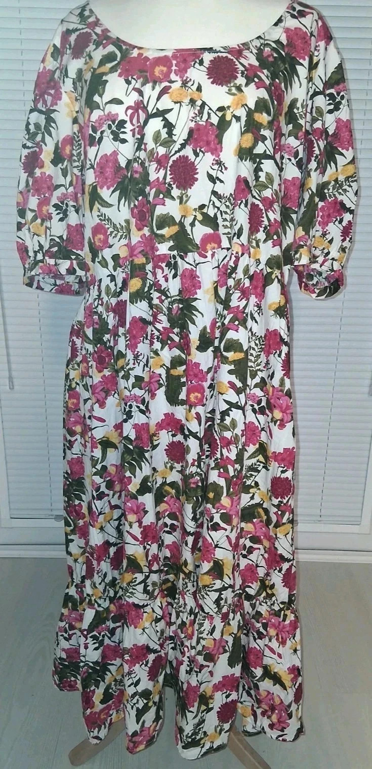 Primark Wild Flower Tiered Smock Midi Dress Women’s Size 20 White 100% Cotton