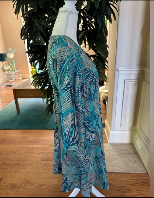 💚💚NWT I LE Tan & Green LS Leaf Print Transition Knit Fit & Flare Dress Size 12