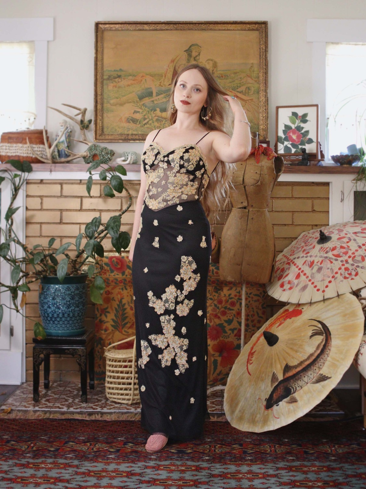 Y2K Cassandra Stone Dress Sheer Black Mesh Champagne Gold Lace Prom Dress 2000s