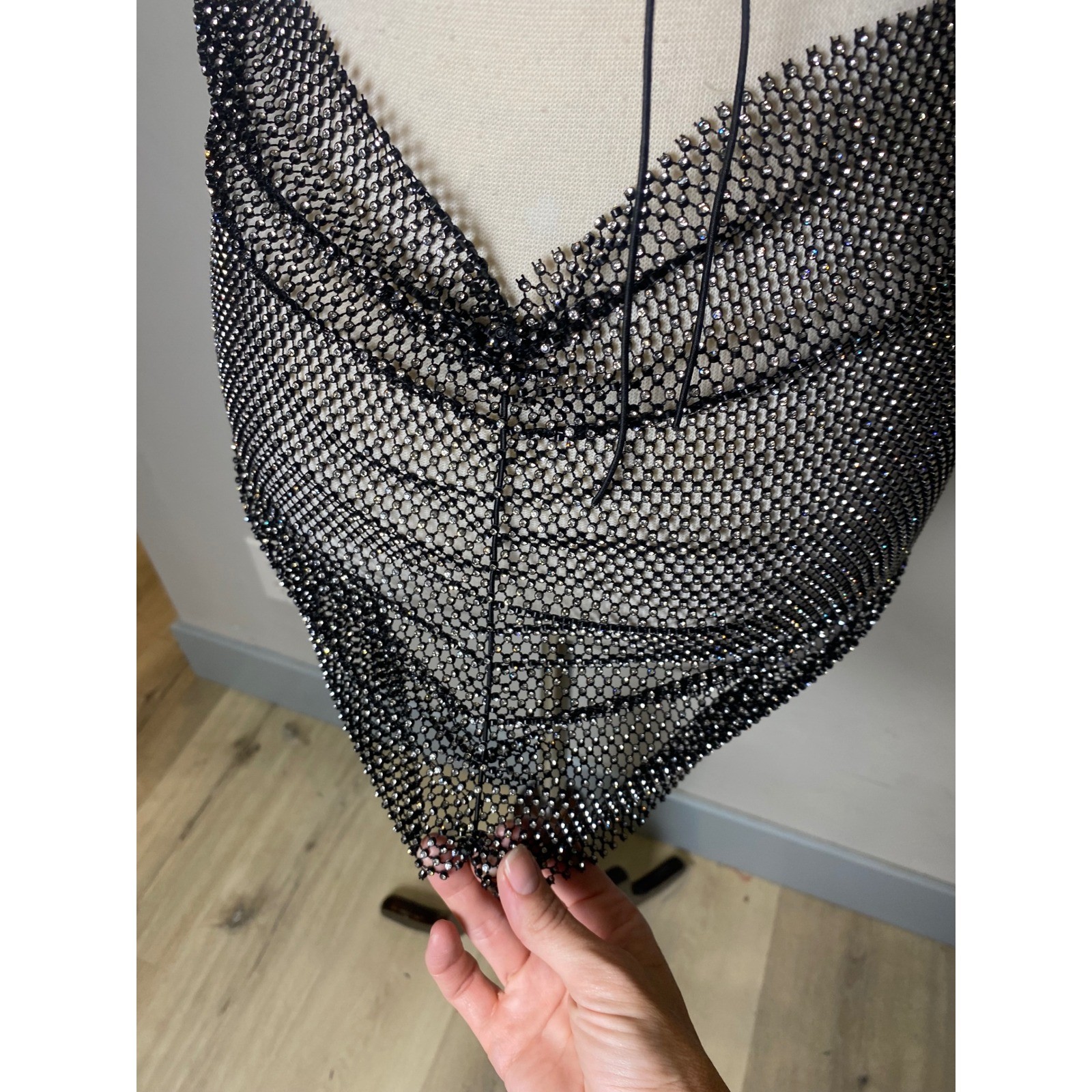 Rhinestone Mesh Mini Dress Black Silver Cowl Neck Open Back Festival Clubwear