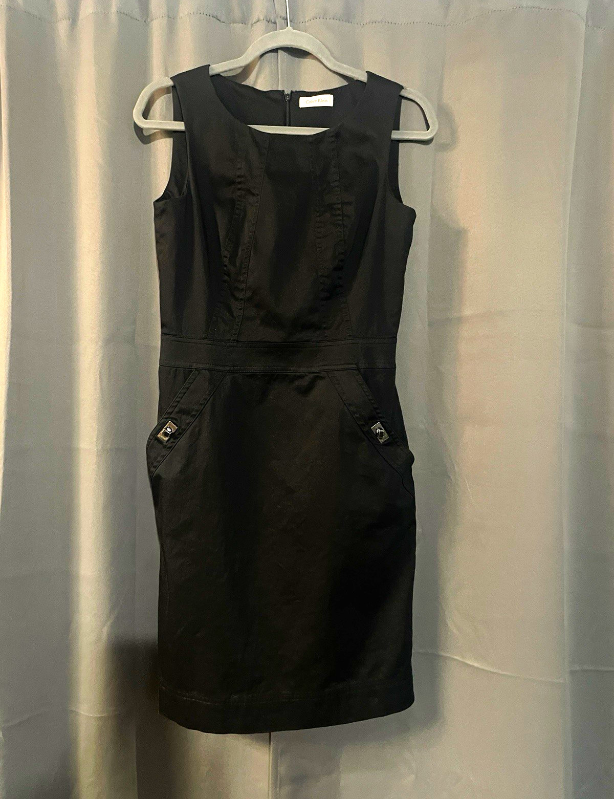 Calvin Klein Black Sheath Dress Sleeveless Square Neck Zip Pockets no size tag S