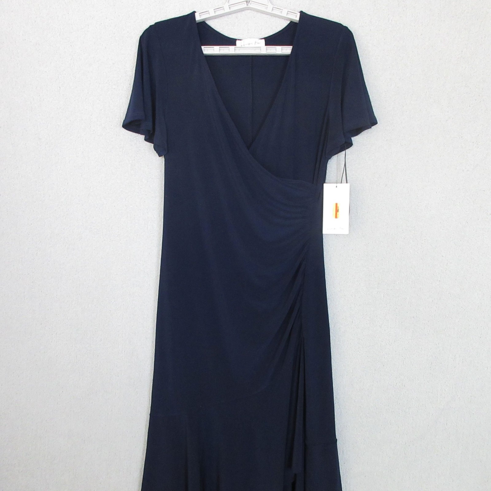 Harper Rose Dress Womens 6 Navy Wrap Ruched Waist Short Sleeve V Neck Midi Dress