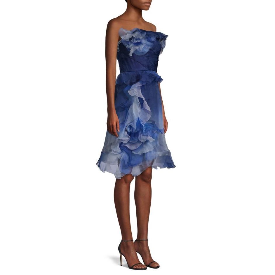 MARCHESA Ombre Strapless Flower Ruffled Tiered Silk Cocktail Dress, 2 Blue