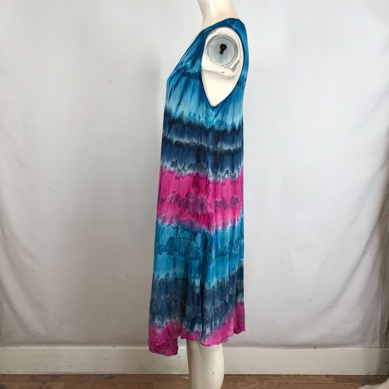 SAKKAS – WOMEN’S ONE SIZE – NAVY & PINK SLEEVELESS ROUND NECK 100% RAYON DRESS