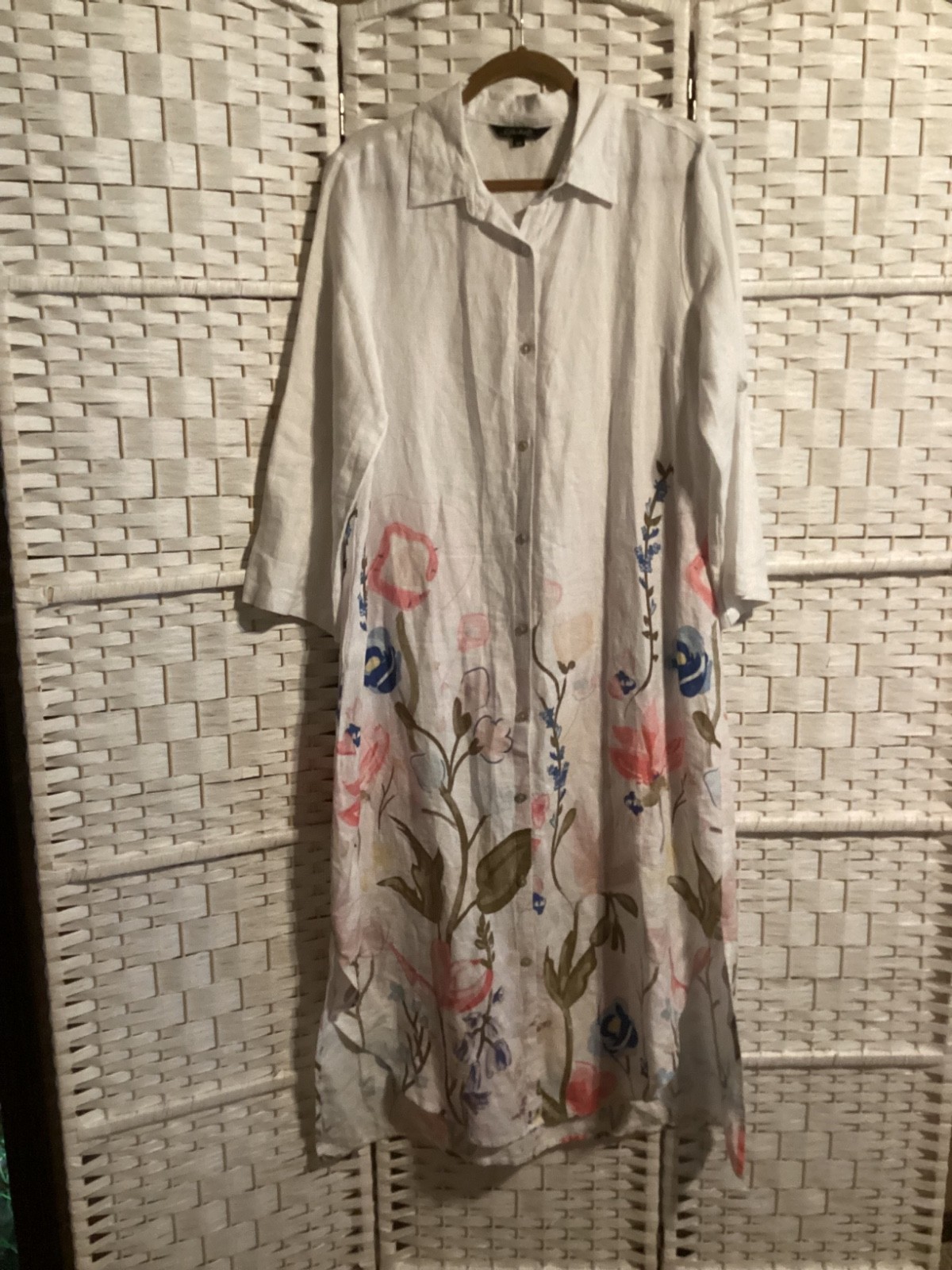 New Charlie B white floral Long button front linen Duster Dress sz L