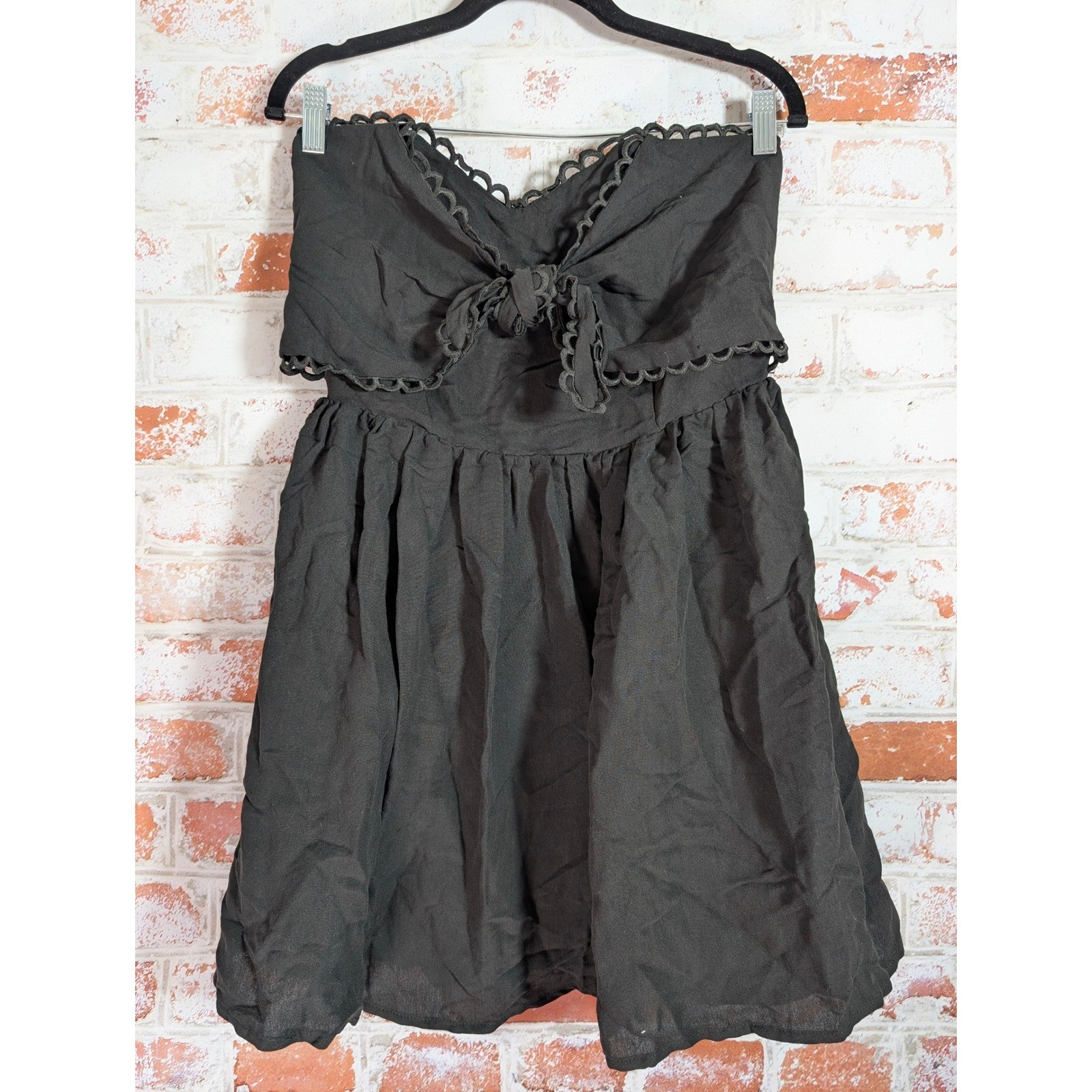 Judith March Strapless Dress Womens L Black Scalloped Eyelet Tie Front Mini Vtg