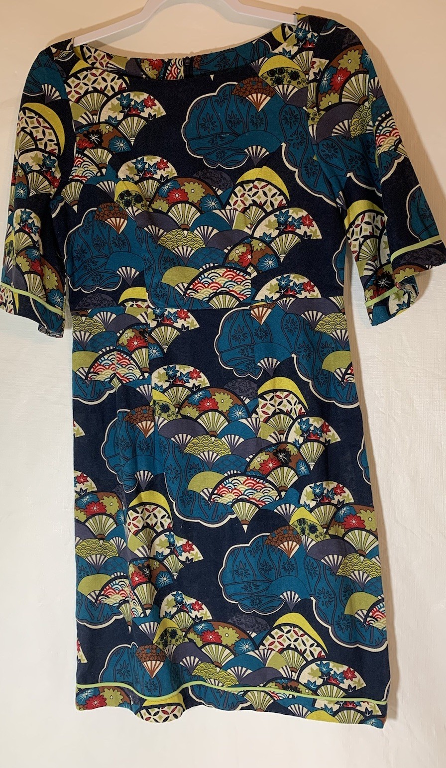 HANDMADE UKIYOE STYLE NAVY BLUE COTTON LINEN FABRIC WITH COLORFUL FAN PATTERN