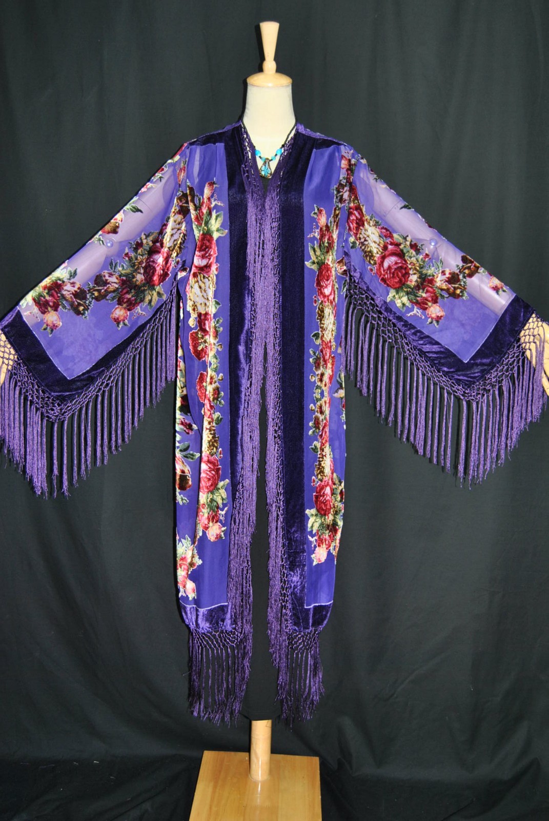 Art to Classic Eastern Flower Burnout Velvet Fringe Jacket Coat Kimono Duster