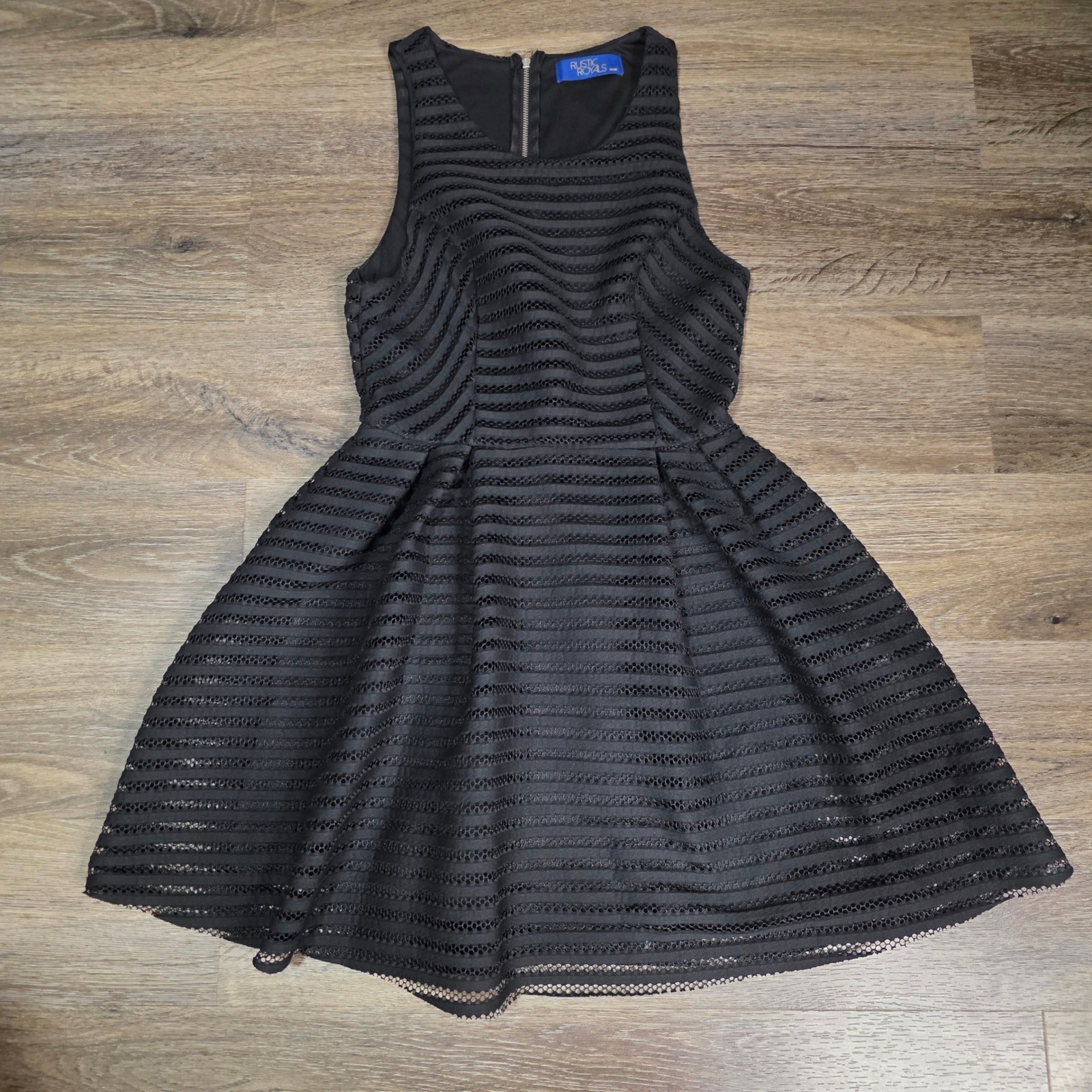 Rustic Royals Womens Small Fit and Flare Dress Black Striped Mesh Sleeveless