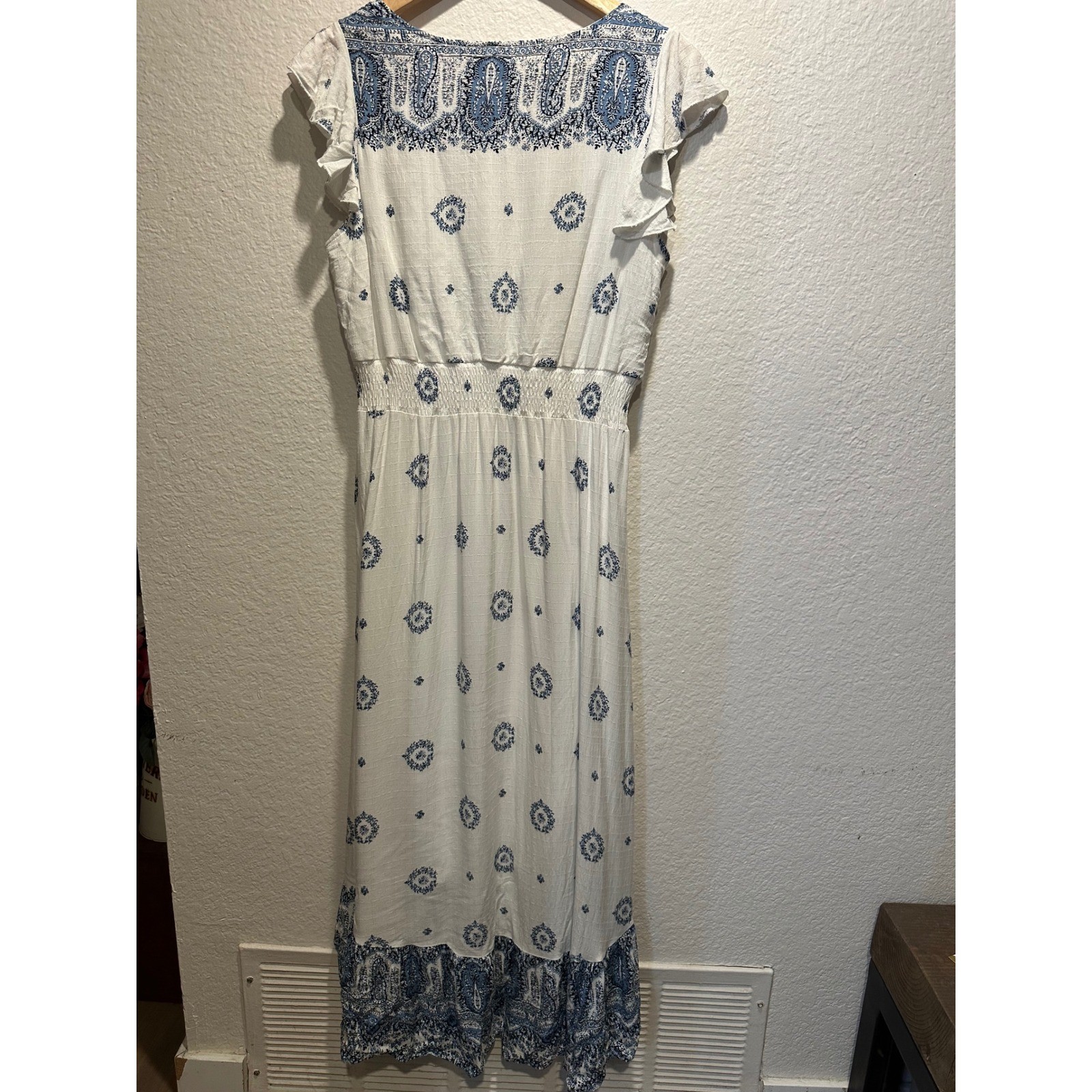 Anthropologie Kindred Blue Paisley High Low Midi Dress Flutter Sleeve Large