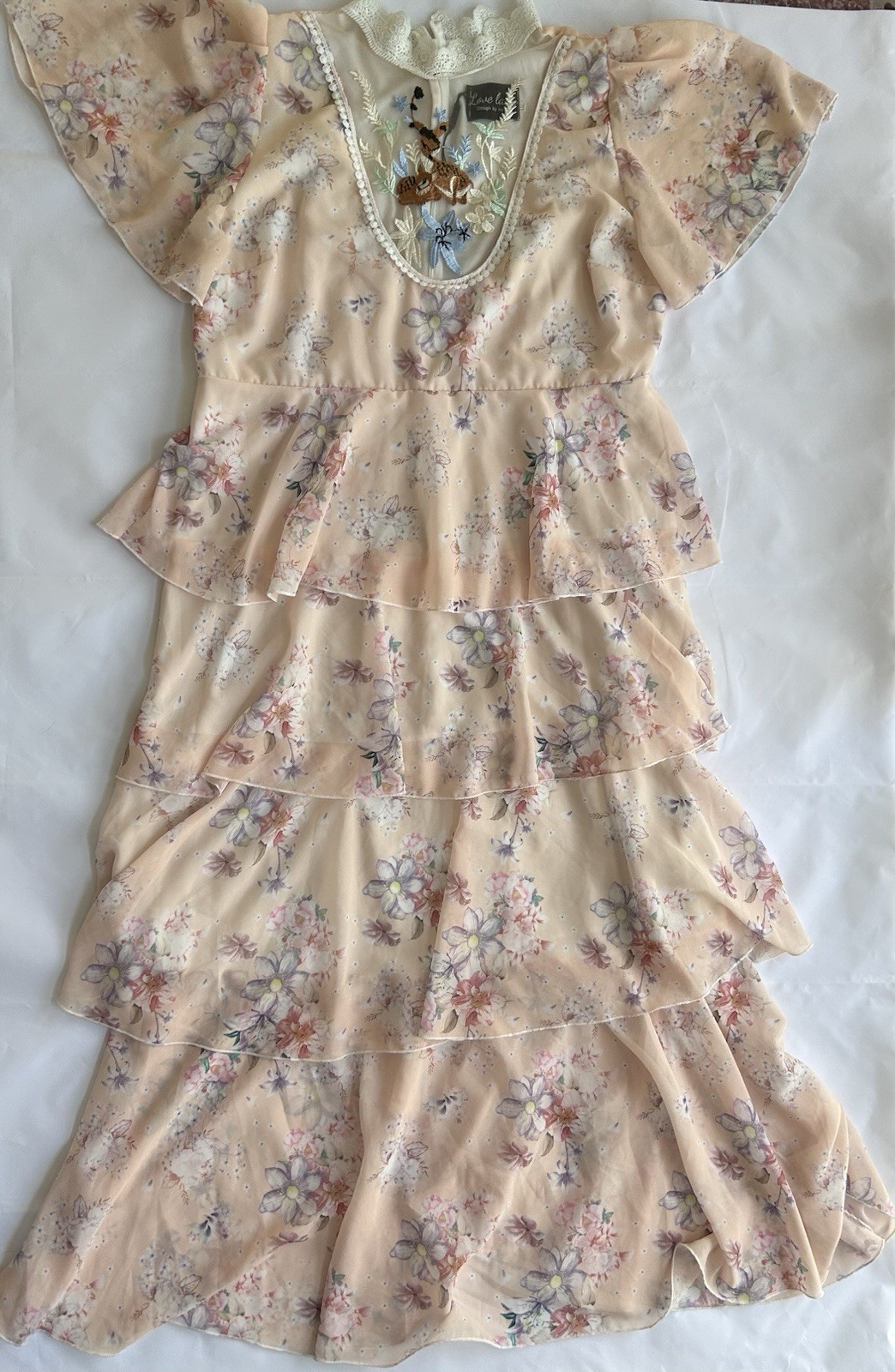 Love Lady Beige Floral Chiffon Midi Dress V-Neck Flutter Sleeve Lace M