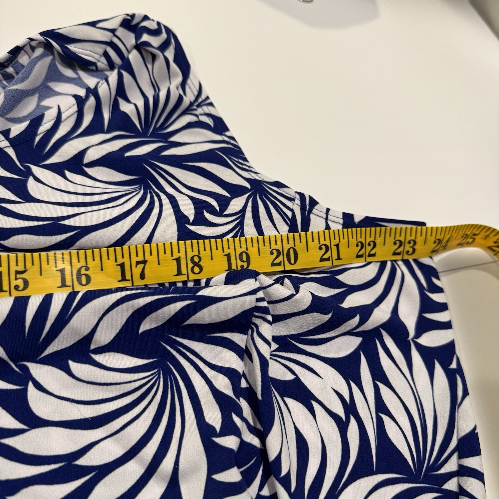 Susan Graver Blue White Tropical Palm Leaf Print Sleeveless Midi Dress 1X
