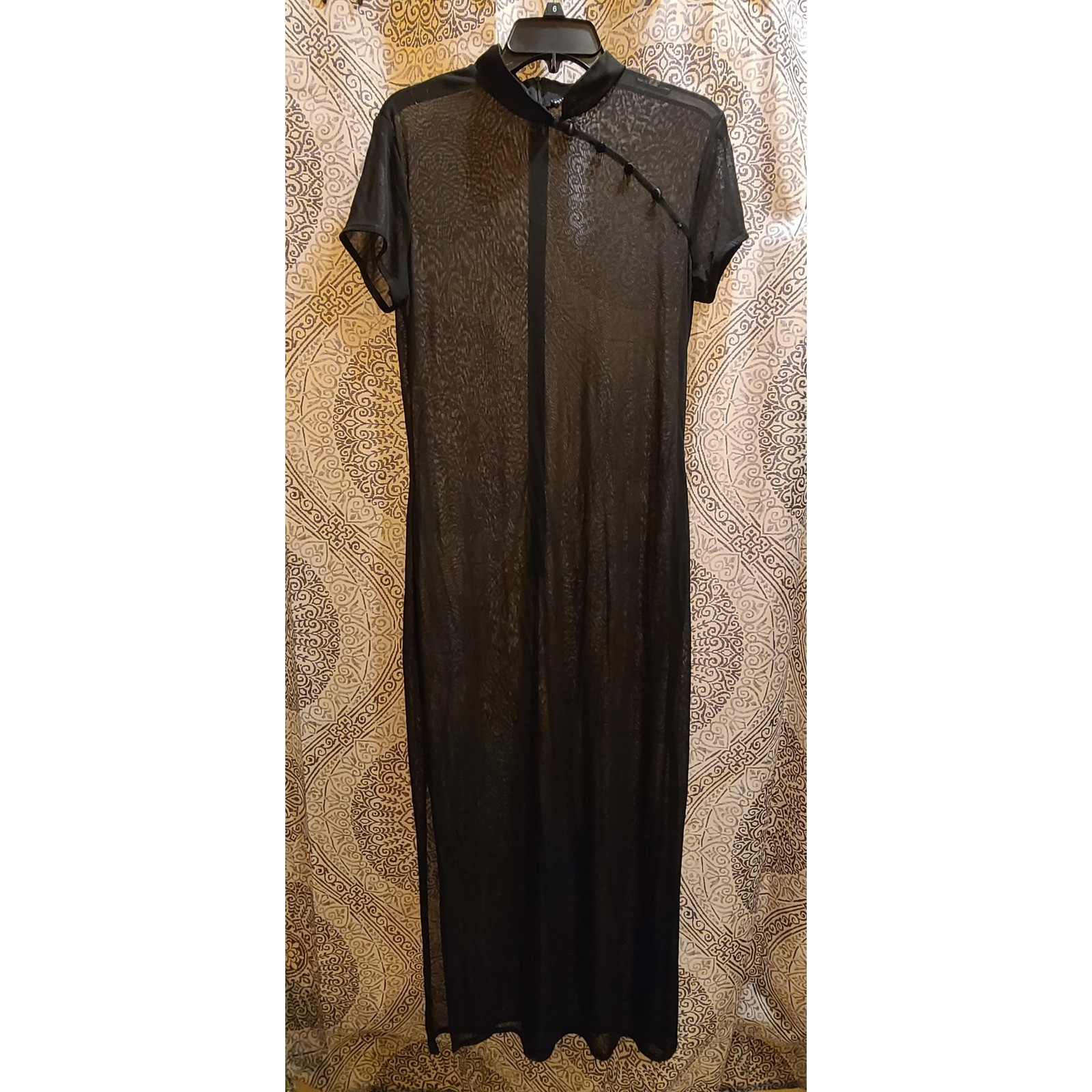 Rhapsody Maxi Dress Women L Black Sheer Mesh Y2K Cheongsam Mandarin Collar Goth
