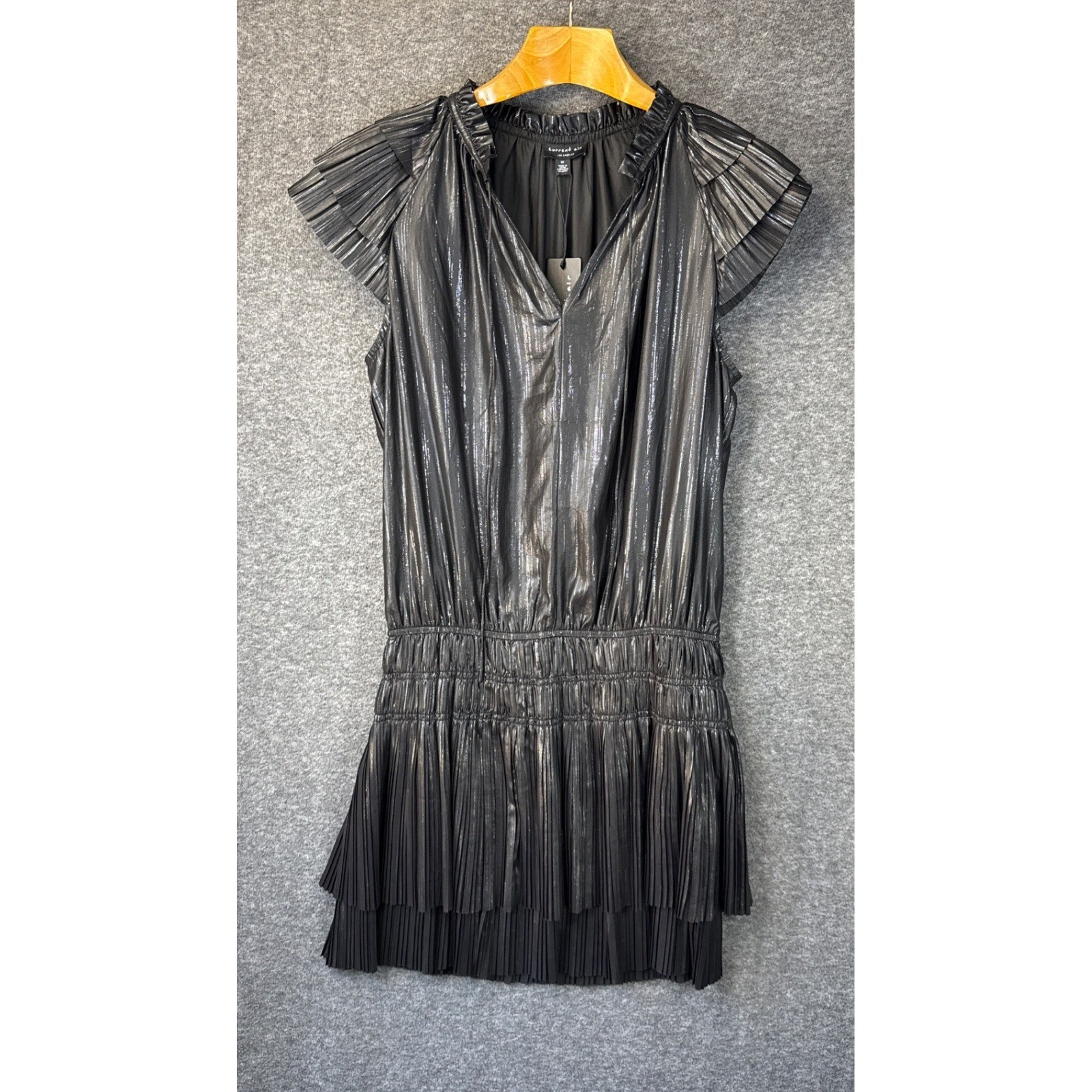 NWT Anthro Current Air Pleated Mini Dress Size M Blk Silver Chic Flirty Smocked