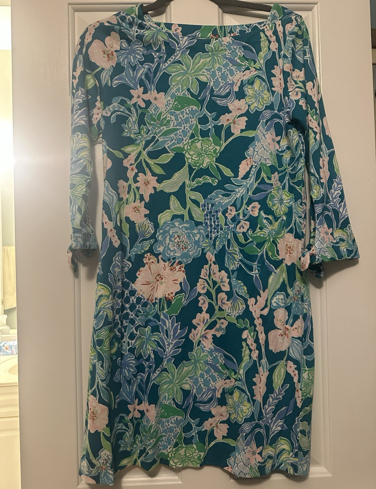 Floral Shift Dress Woven Cotton Boat Neck 3/4 Bell Sleeve Knee XS