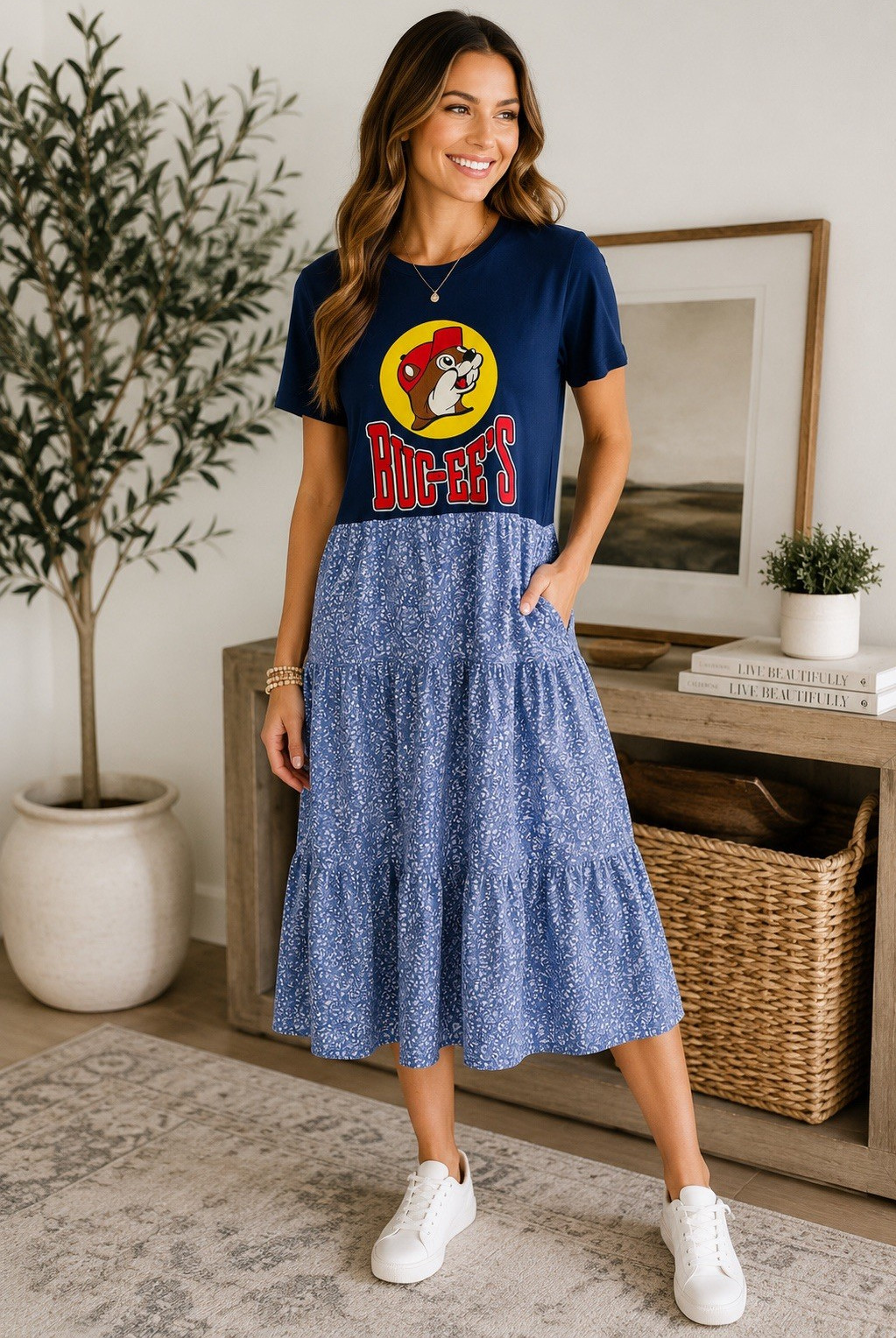 Upcycled Beaver Logo Navy Floral Tiered Midi T-Shirt Dress M Cotton Pockets