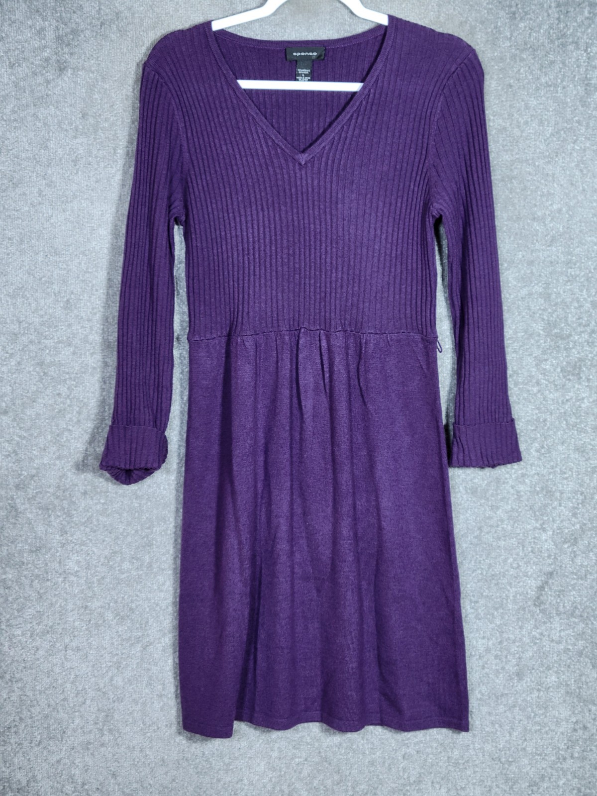 Spense Ribbed Knit Dress Womens Sz L Purple Acrylic Wool Y2K V-Neck Long Sleeve
