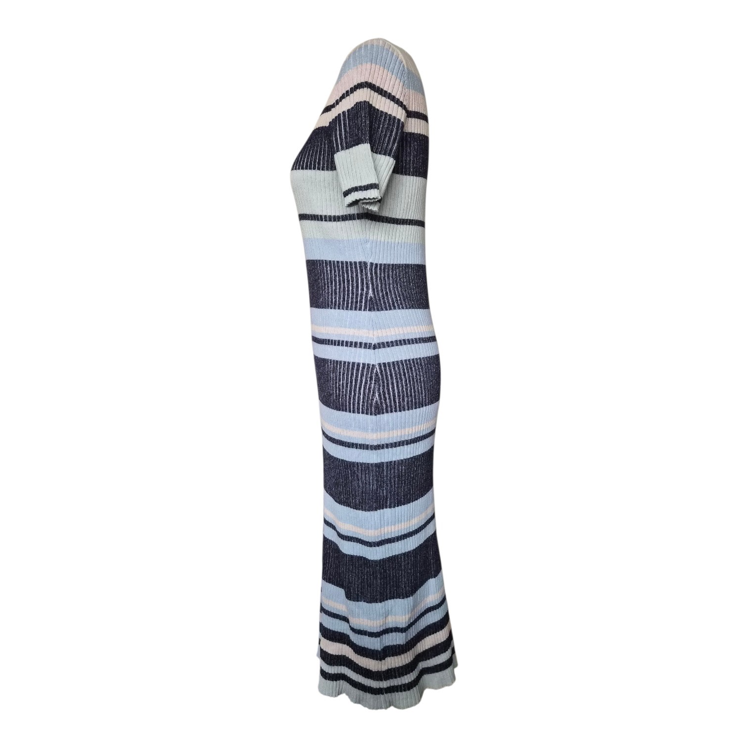 Stitches & Stripes Ribbed Knit Maxi Dress Size L Blue Stripe Short Sleeve NWOT