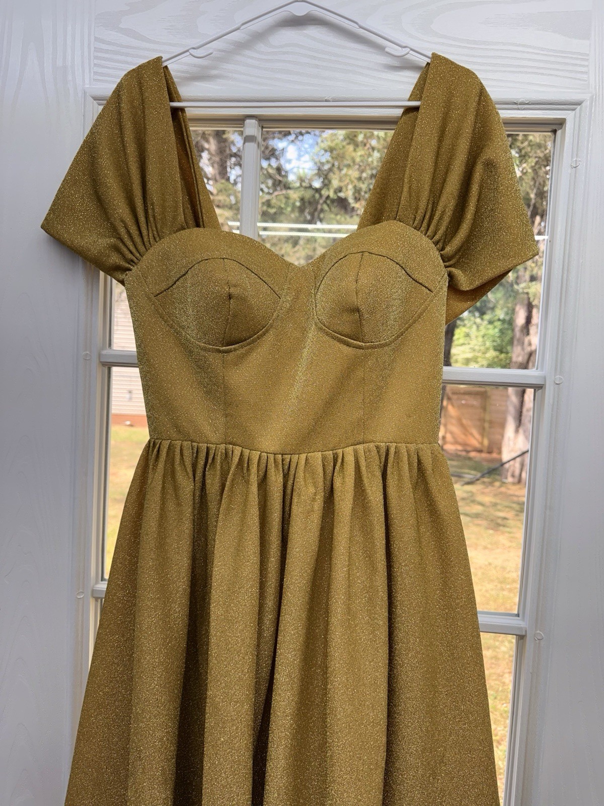 Gold Colored, Shimmer-Fabric Midi Dress With Ruched Sleeves