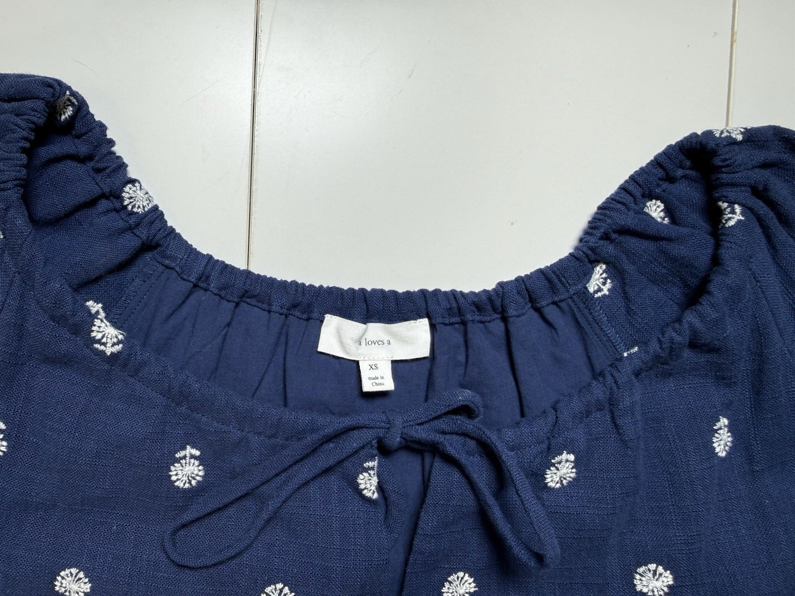 A Loves A XS Navy Blue Embroidered Cotton Peasant Dress Lined Pockets Boho puff
