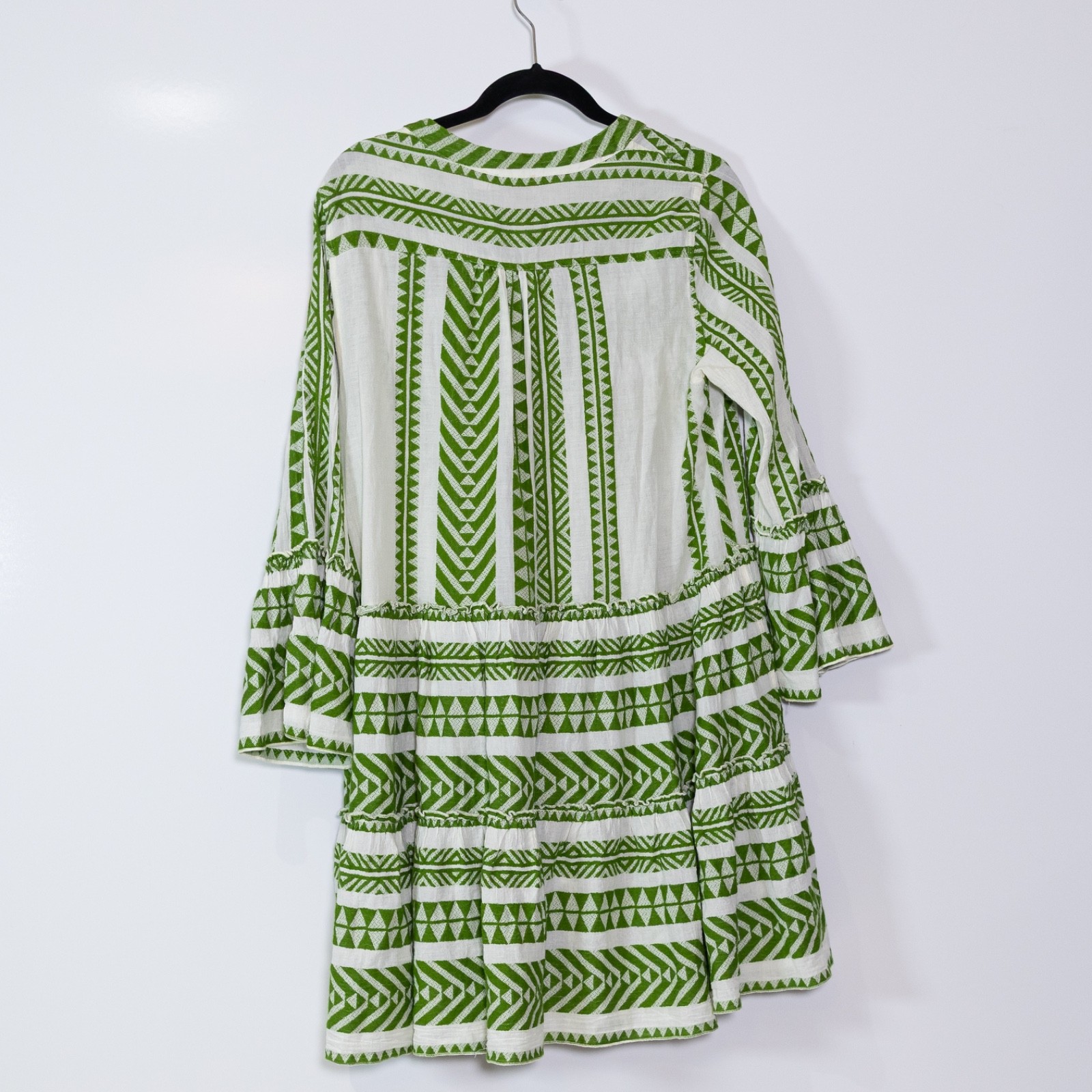 Devotion Twins Ella Cotton Blend V Neck Tiered Pullover Mini Dress Green White S