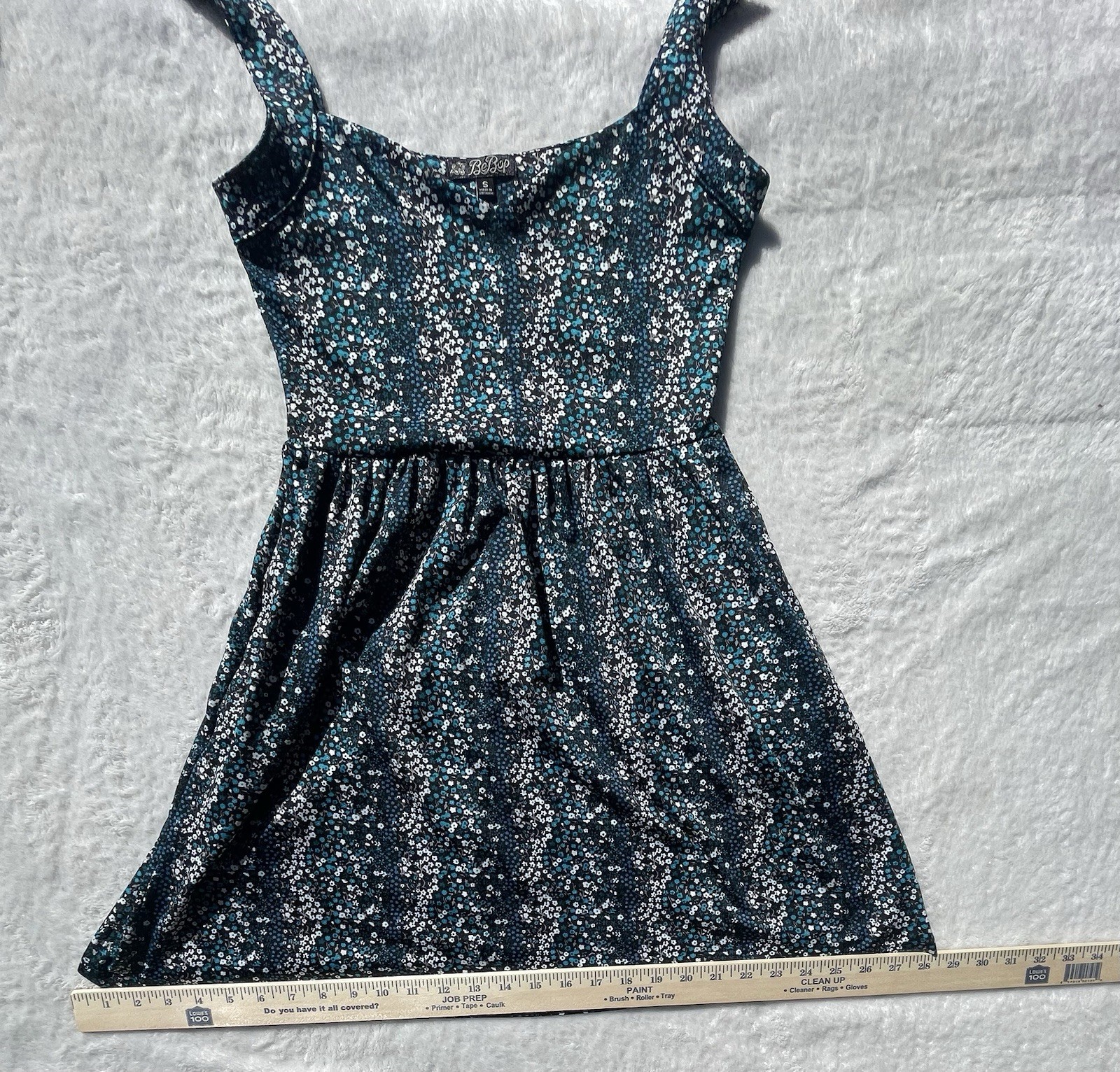 BEBOP Size S Floral Mini With Pockets. Black With Teal White Retro Classic