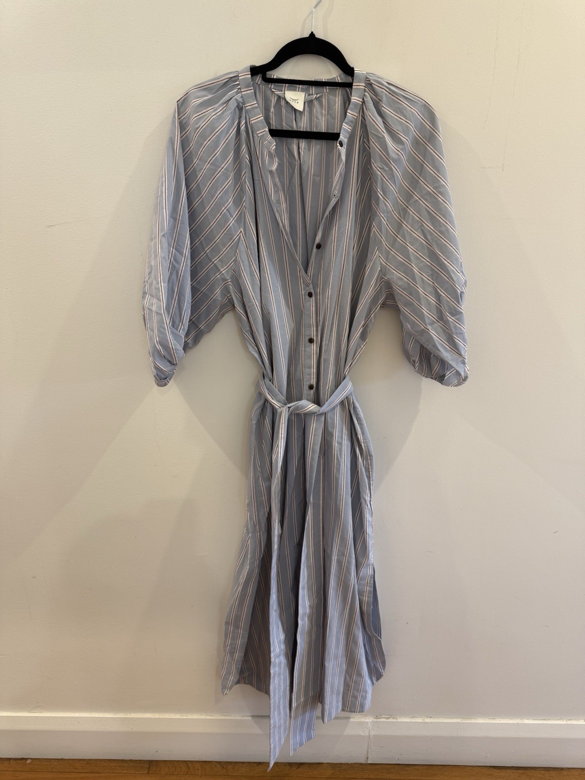Husk Baby Blue Striped Smock Dress With Side Slit, Button Up And Tie Size 14