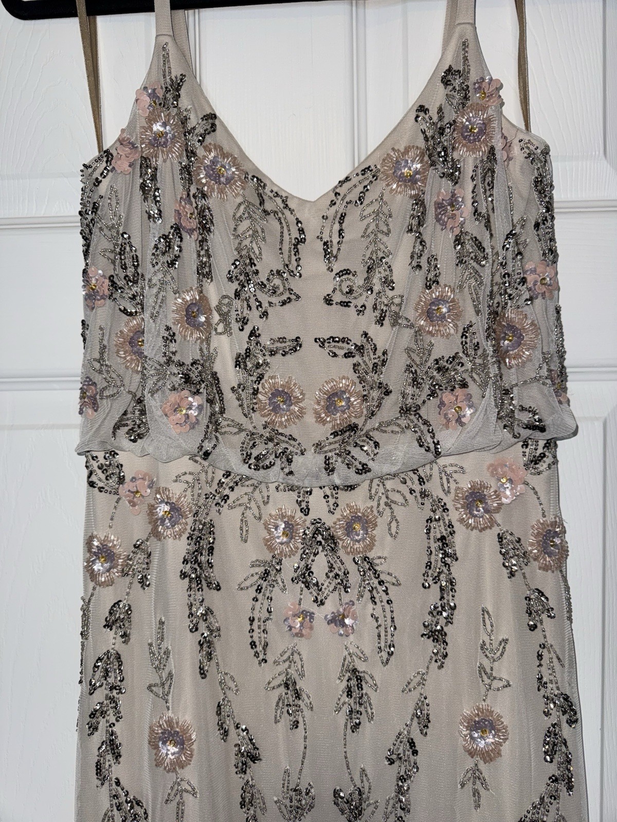ADRIANNA PAPELL Ivory Pink Silver Embellished Beaded Floral Mesh Blouson Gown 6