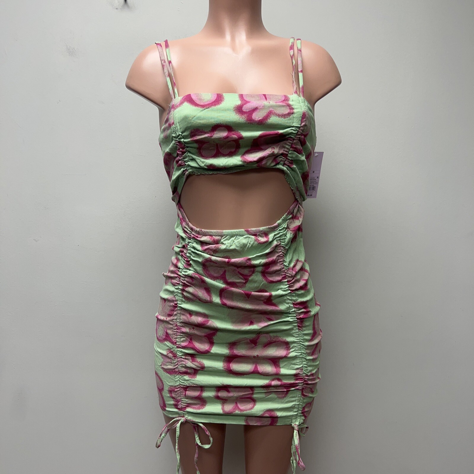 Wild Fable Womens Sleeveless Cut Out Ruched Front Bodycon Dress Green Pink M NEW