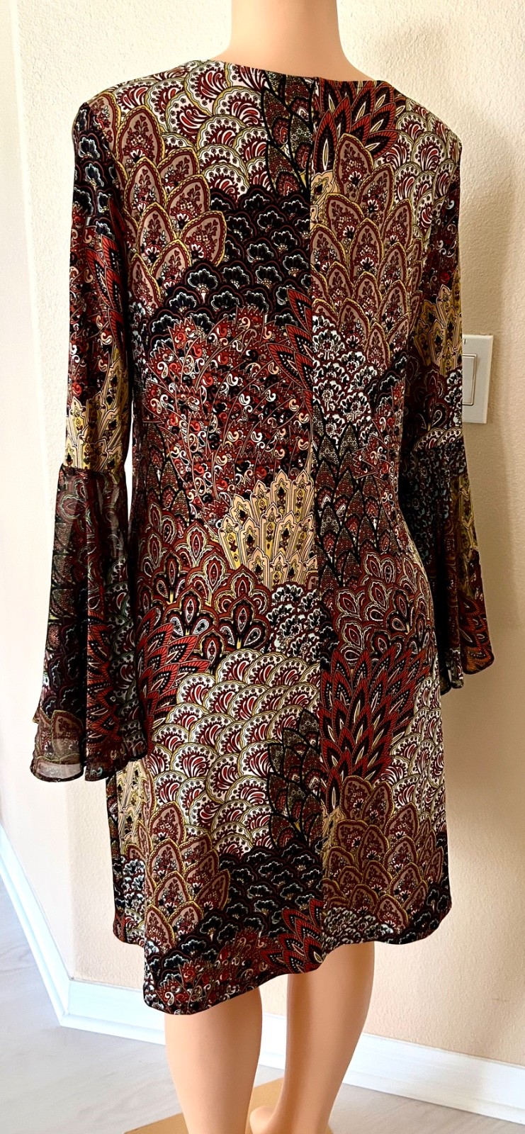 MSK Peacock-print Sheer-Bell-sleeve Multicolor Stretchy-Fabric Shift Dress M